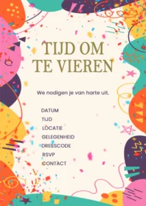 Feestplanning tools: Uitnodigingen template met veel feestelijke versiering langs de rand en invoervelden voor informatie over het feest.
